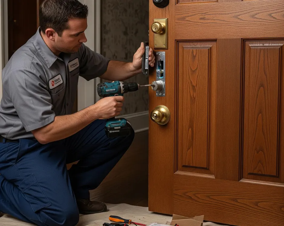 A uniformed technician kneels on a drop cloth while performing an Electronic Deadbolt Installation on a residential front door with a cordless drill.