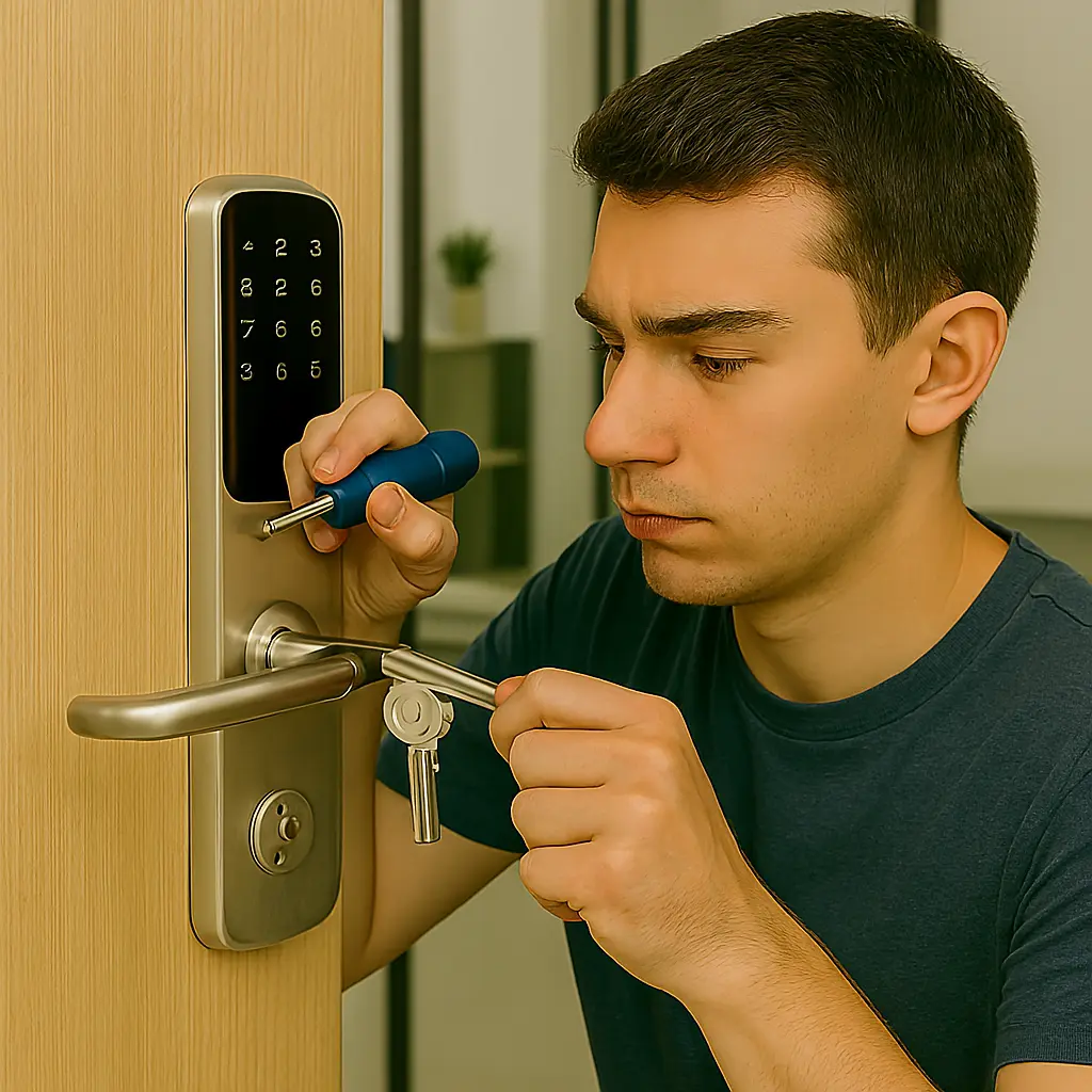 Technician performing Electronic Door Lock Rekey service in a modern office setting