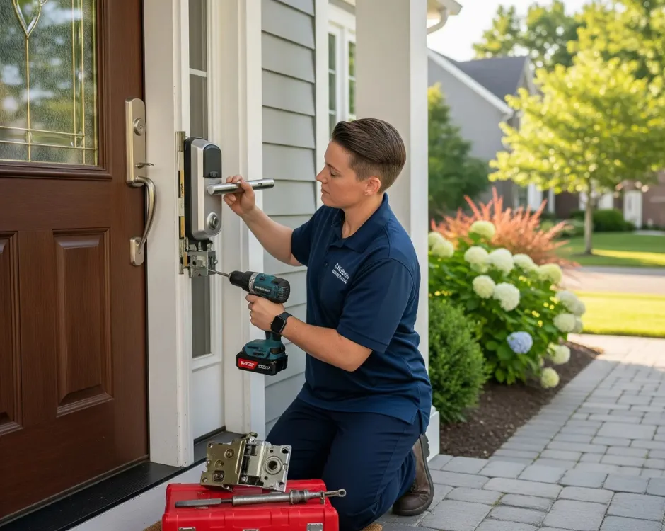 Of course. Here is the best alt tag for the image: A professional female locksmith kneels outside a home while performing an Electronic Door Lock Replacement with a cordless drill.