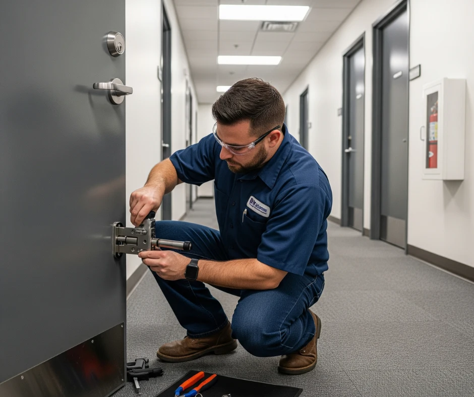 Technician performing Commercial Lock Rekeying on a door in an office hallway, showcasing professional locksmith services.