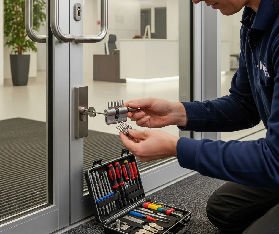 Commercial lock rekeying process with a technician using a key and rekeying tools on a commercial door lock