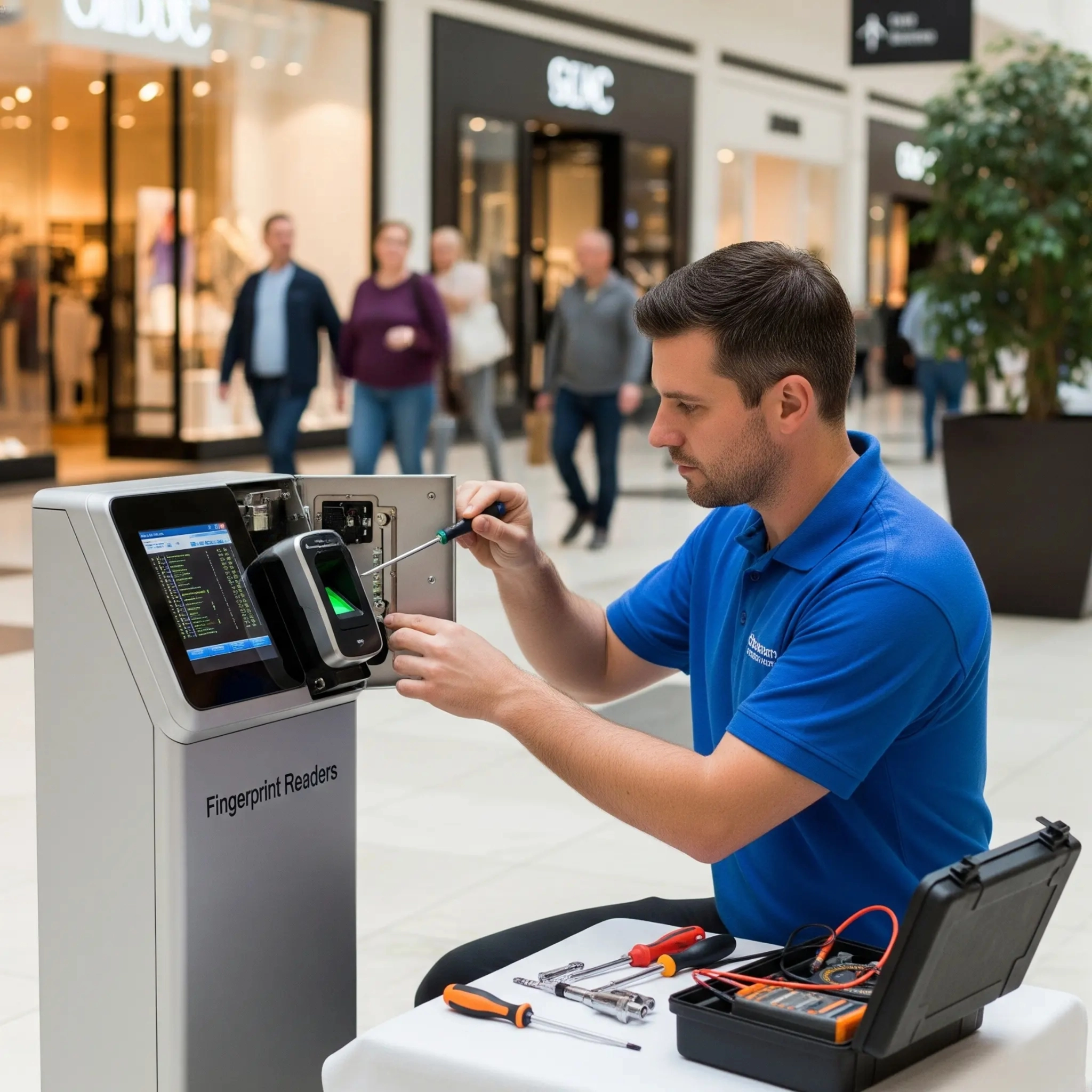 Technician repairing Fingerprint Readers at the entry door of a commercial shopping mall with IT office elements in the background