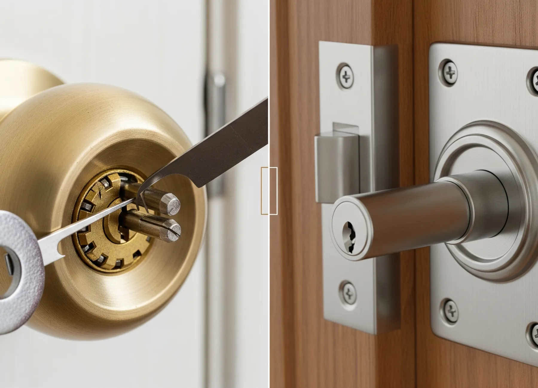 A two-panel comparison image illustrating how deadbolt installation reduces the risk of lock picking: the left panel shows a vulnerable doorknob being picked, while the right panel shows a secure, modern deadbolt lock.