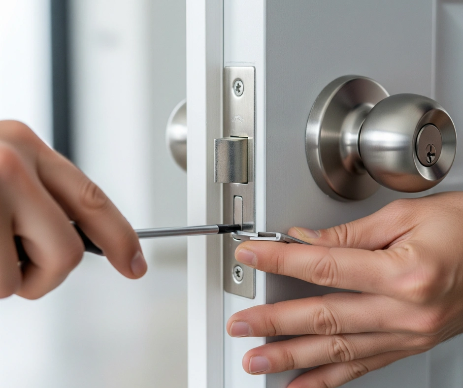 Close-up of a professional locksmith installing a door lock, showcasing important considerations before installing a lock.