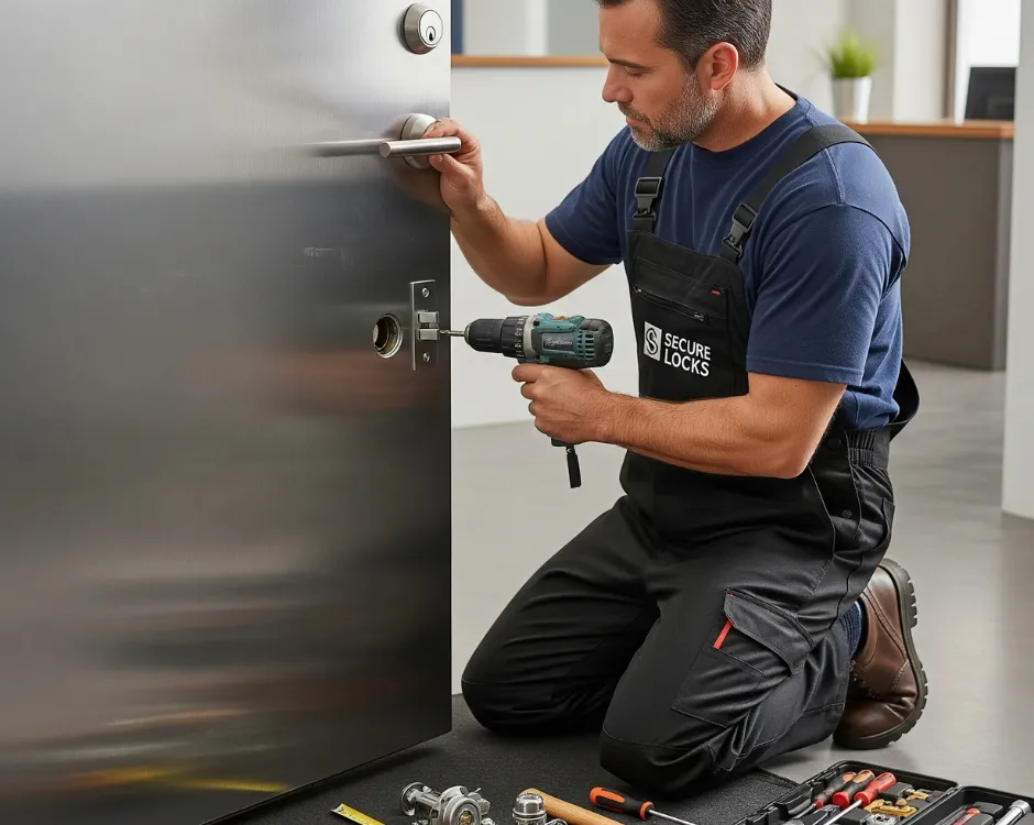 A professional locksmith in uniform kneels while Installing deadbolt on metal door with a cordless drill, his toolkit laid out neatly on the floor.