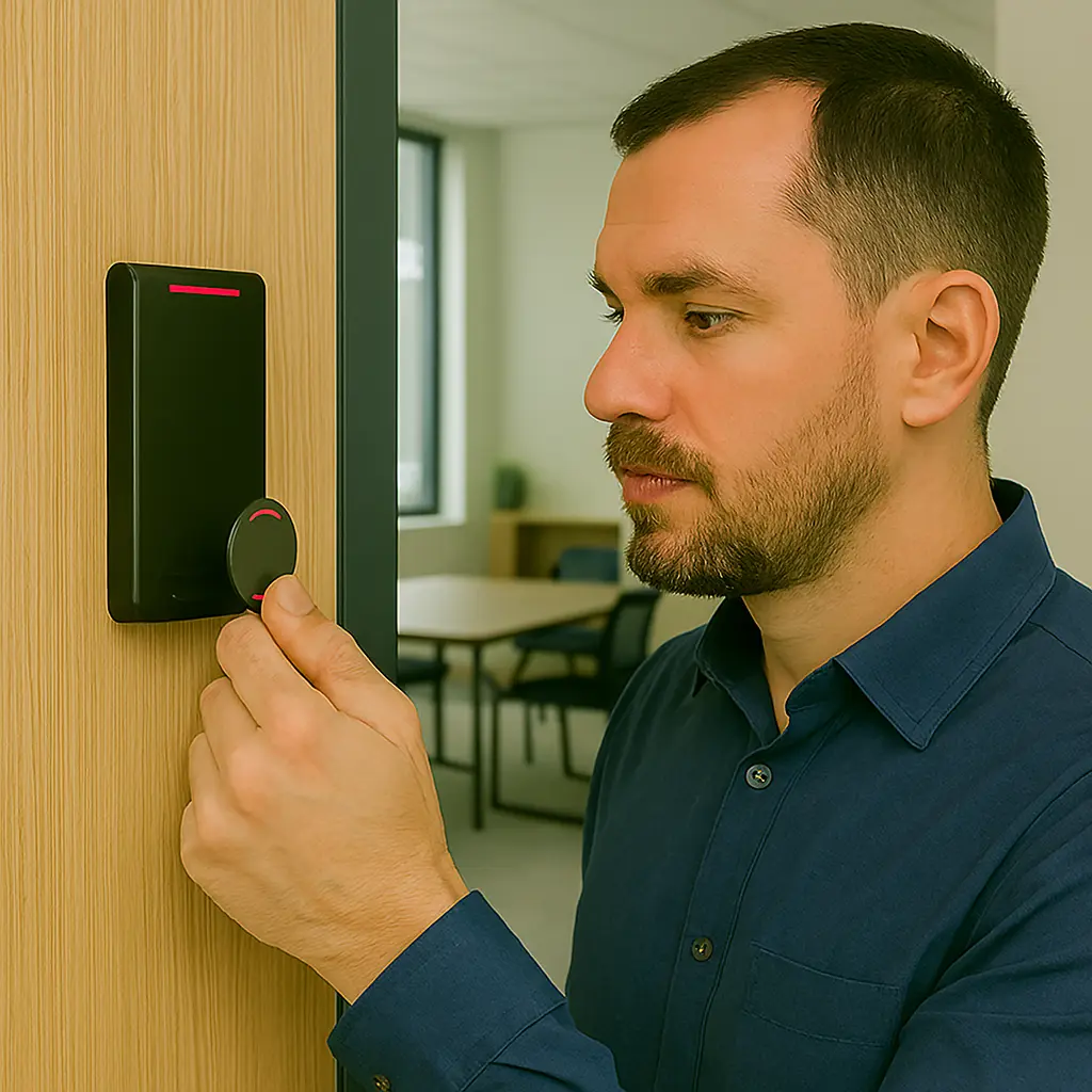 Man using Key Fob Access system at a secure entry point in a modern office with wood paneling and meeting area