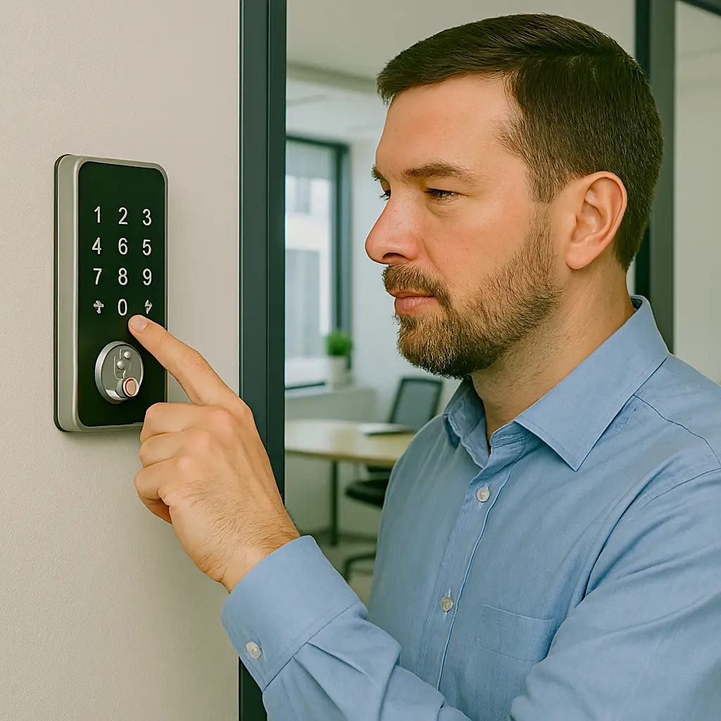 Man using Keypad Access Control system at the entrance of a modern office with glass doors and natural lighting