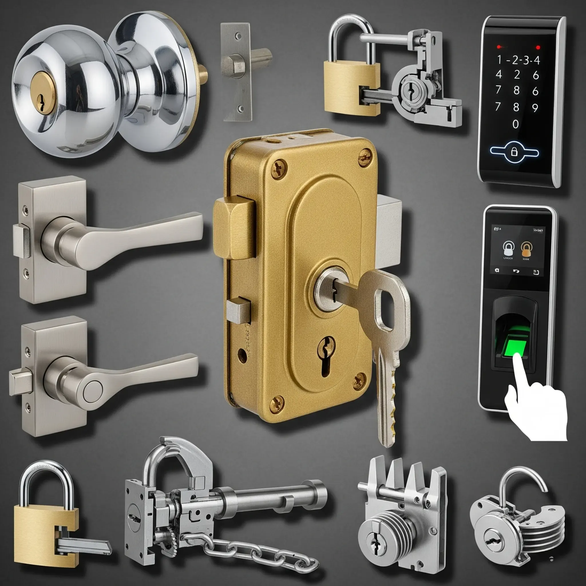 A variety of Lock Types We Rekey, showcasing a wide range from traditional doorknobs and padlocks to modern electronic and biometric smart locks.