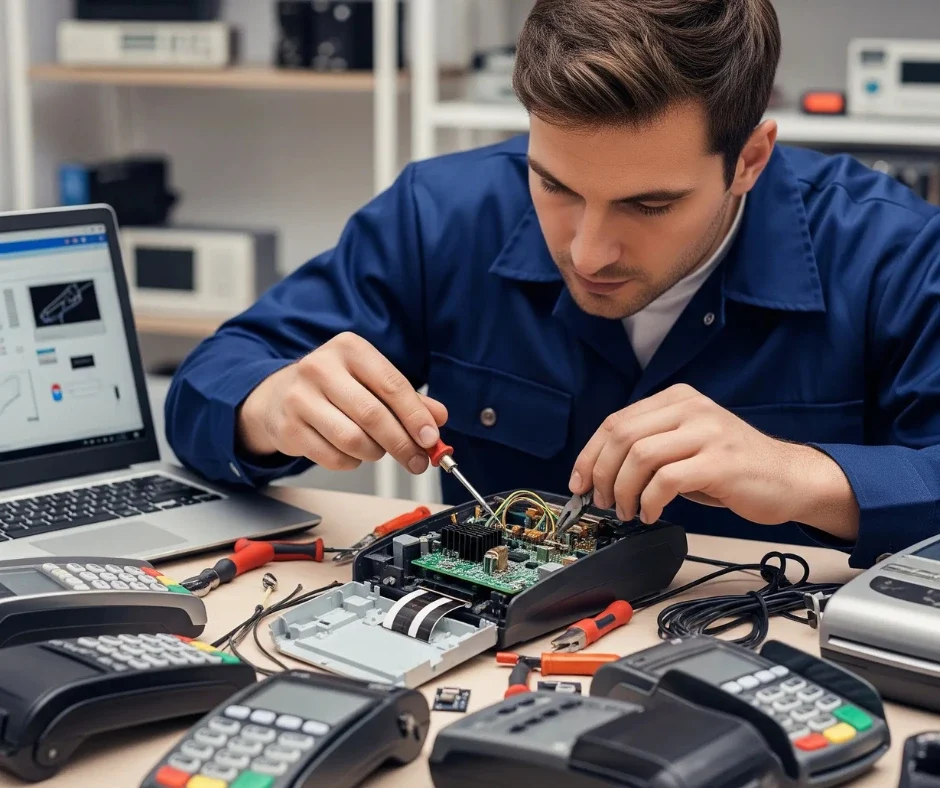 Technician repairing Magnetic Stripe Card Readers mounted on a wooden door using a screwdriver and test card expert Magnetic Stripe Card Readers repair service for secure access systems
