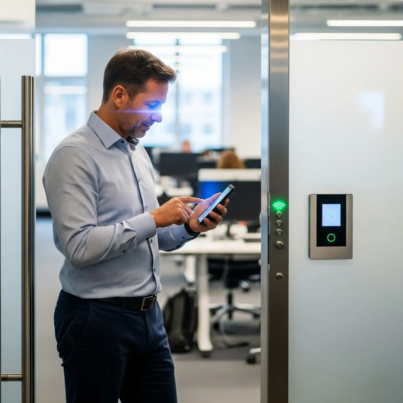 Middle-aged man using Mobile Phone Access system at the entry door of a modern IT office with glass walls and open workspace