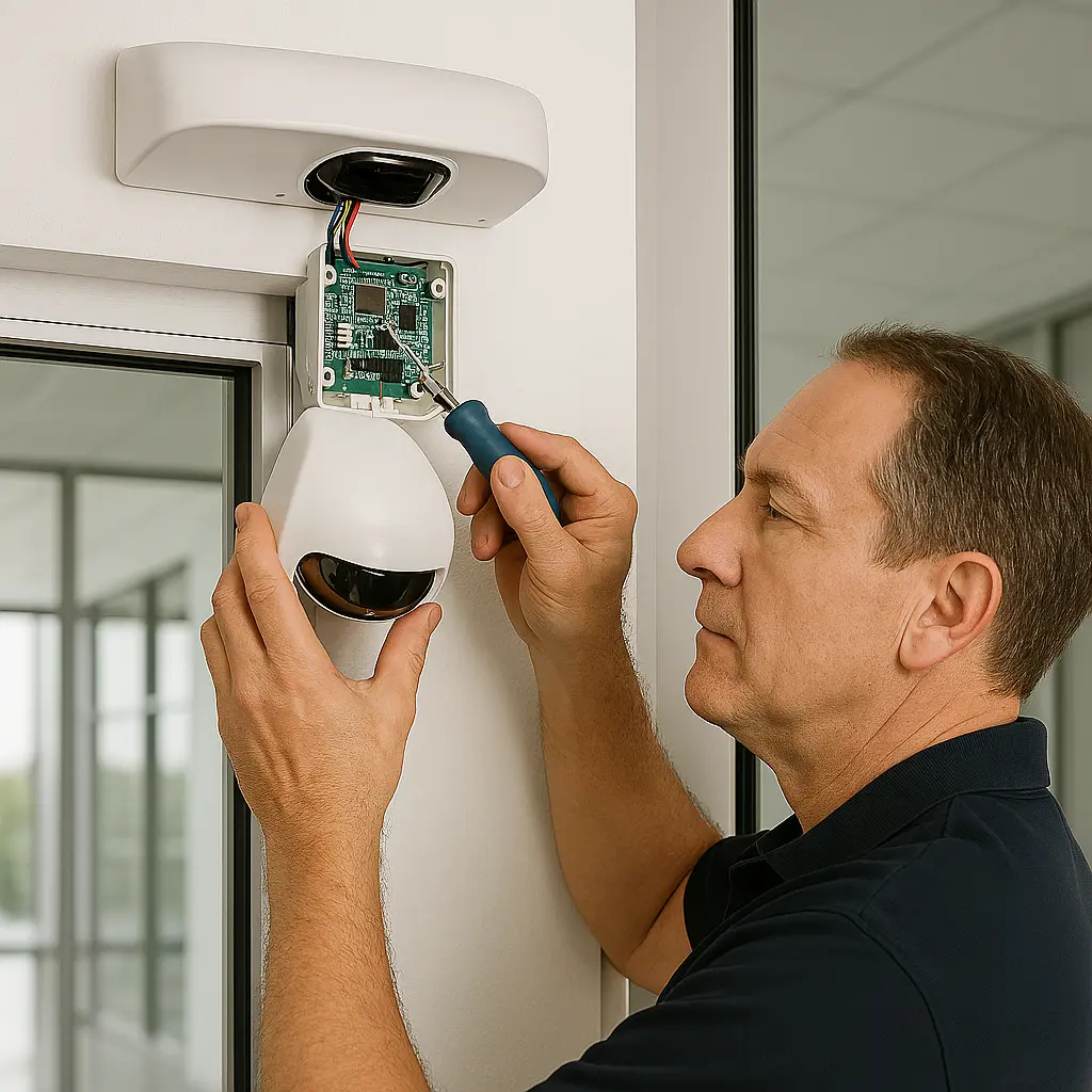 Mid‑aged technician repairing Motion sensor door openers in a busy commercial area