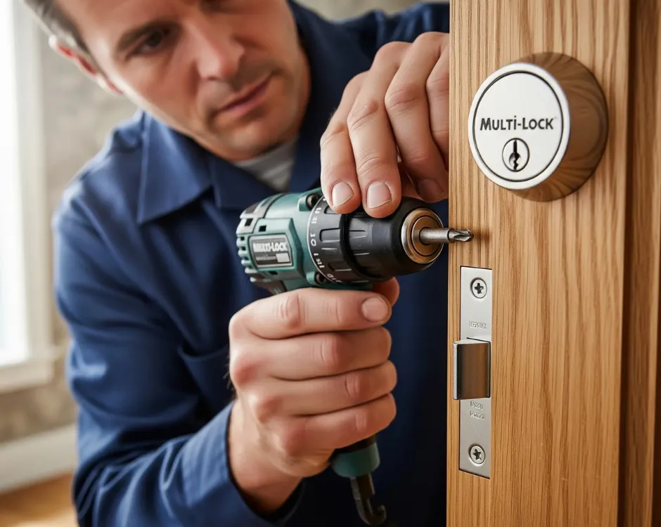 A close-up of a professional locksmith performing a Multi Lock Deadbolt Installation, using a drill on a high-security Mul-T-Lock deadbolt.
