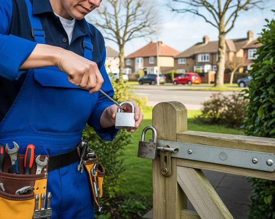 A professional locksmith with a tool belt works on a Padlock Replacement for a wooden gate in a residential yard.