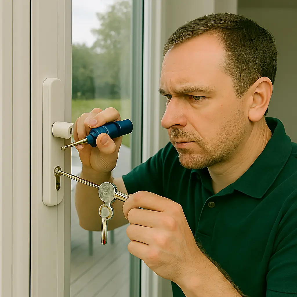 Man performing Patio Door Lock Rekey service on a white patio door in a modern office environment