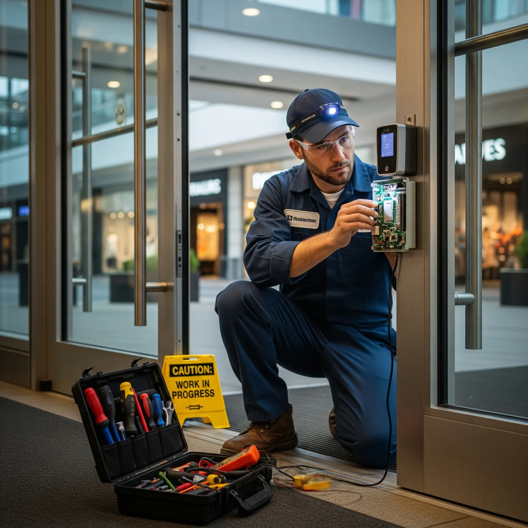 Technician repairing Proximity Readers at the entry door of a commercial shopping mall with modern retail and IT elements in the background