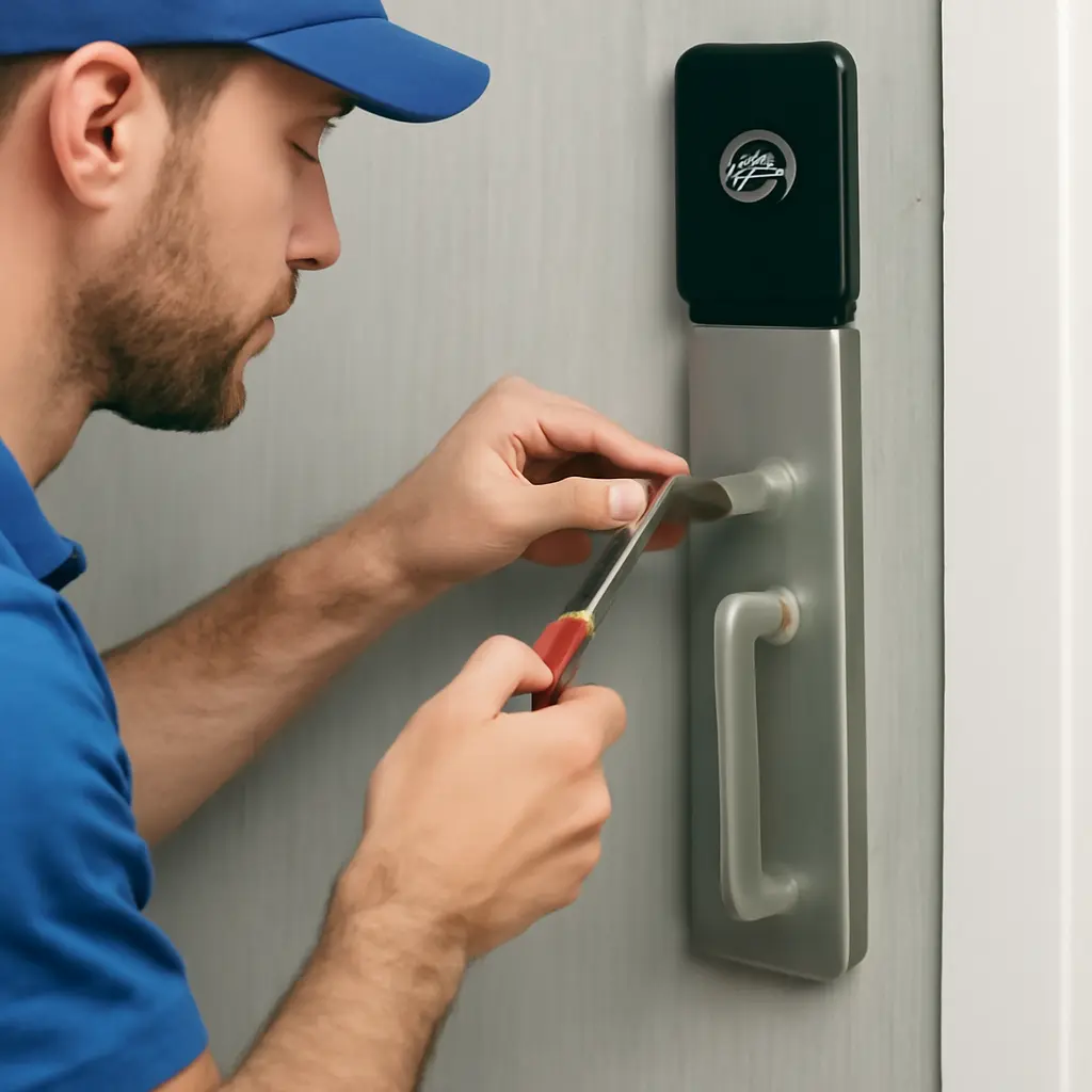 Professional locksmith repairing RFID Door Locks on a wooden door using a screwdriver and RFID key card expert RFID Door Locks repair service for secure access control systems.