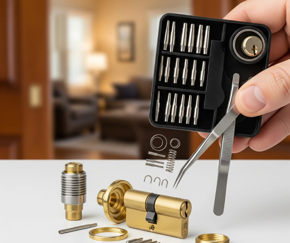 A close-up of the professional tools and intricate parts, like pins and springs, used to Rekey After Every Move into a New Home, with a disassembled lock on a table.