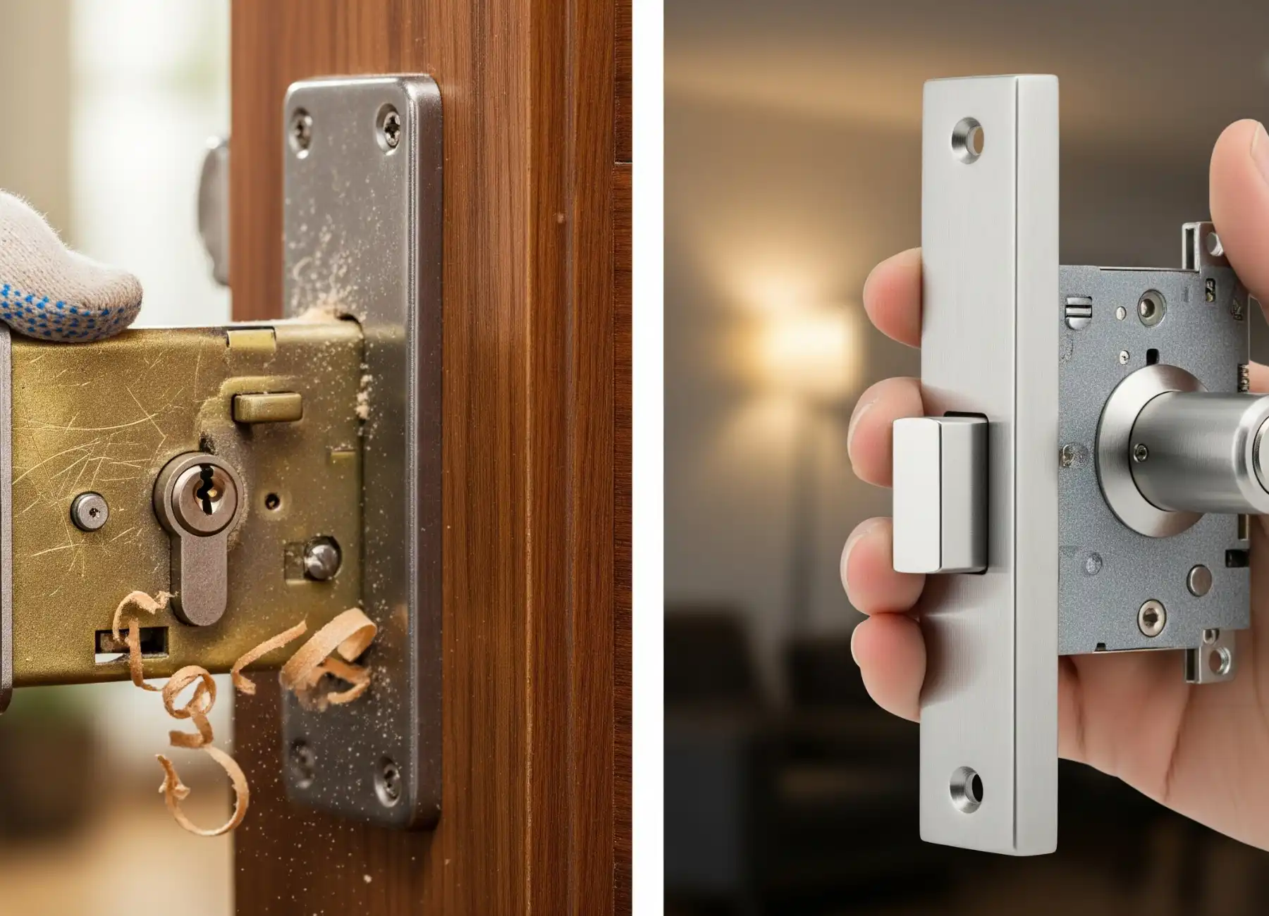 A before-and-after comparison image showing why you should replace your home's locks: the left panel shows an old, worn lock being removed from a door, while the right panel shows a hand holding a new, secure modern lock.