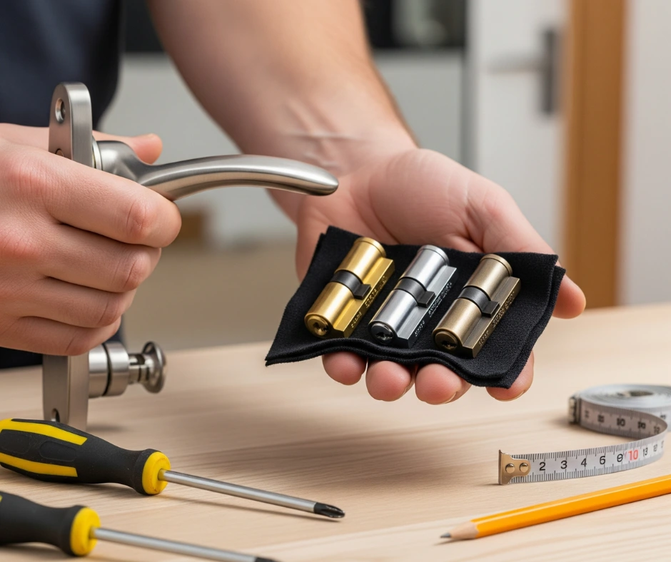 A person preparing for Replacing Your Home Lock holds a new door handle and displays three different lock cylinders, with tools and a tape measure on the table.