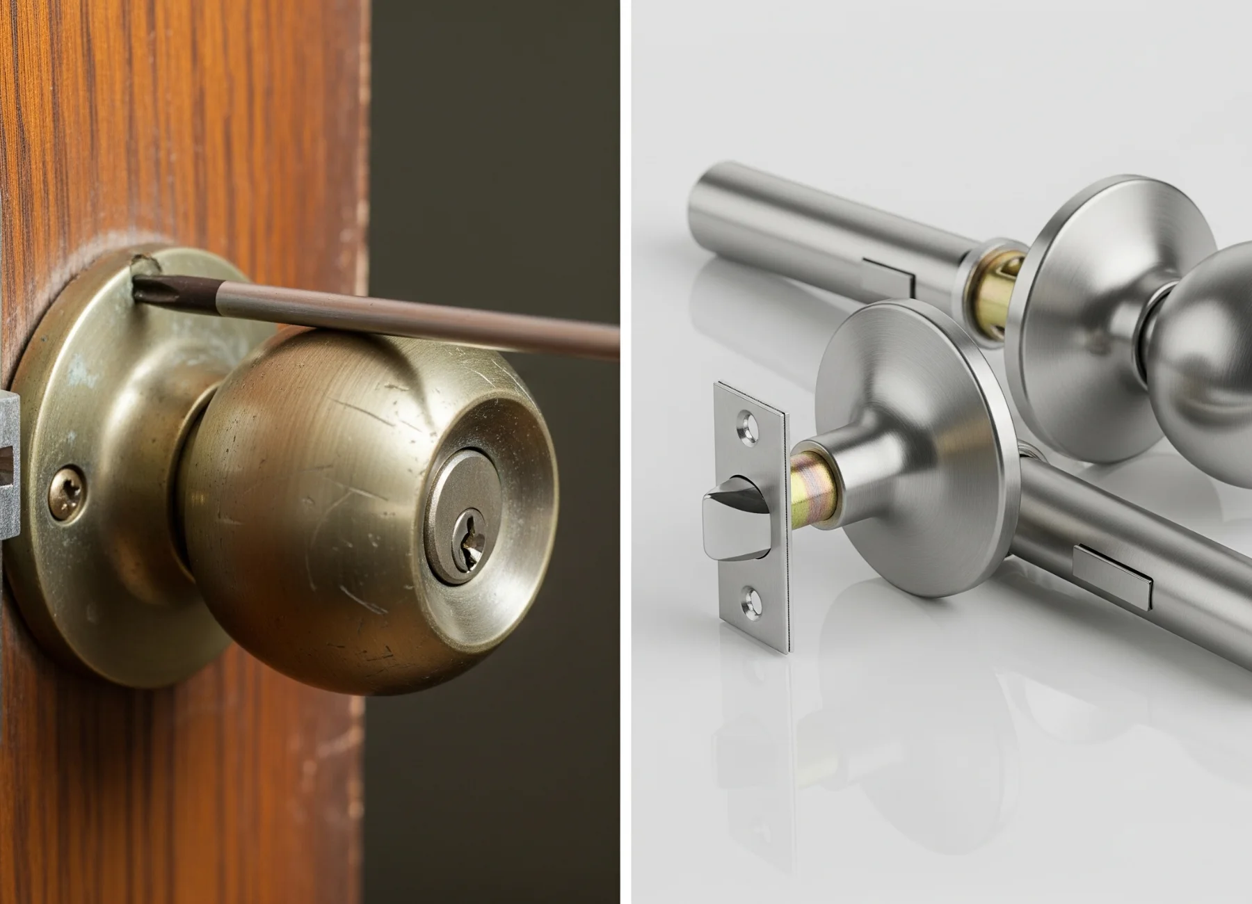 A split image showing the process of Replacing Your Home Locks, contrasting an old, worn doorknob being removed on the left with brand new, modern lever handles on the right.