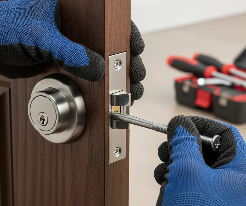 A close-up image of a person wearing blue gloves installing a new silver deadbolt lock on a wooden door. A screwdriver is being used to tighten the latch plate, and a toolbox is visible in the blurred background.