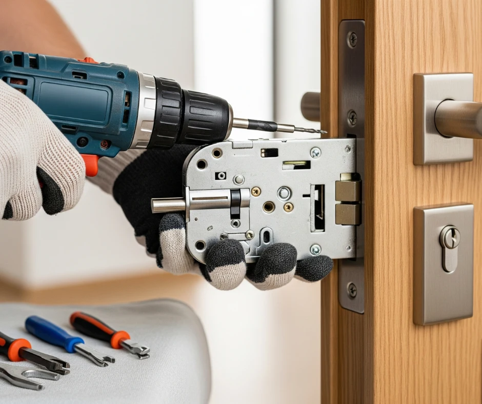 A close-up of a technician's gloved hands using a power drill to perform a residential lock installation, fitting a mortise lock mechanism into the edge of a wooden door.
