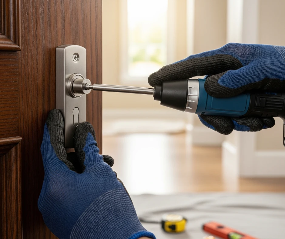 A close-up of a person's gloved hands using a cordless screwdriver to install a new silver handle on a brown residential door.
