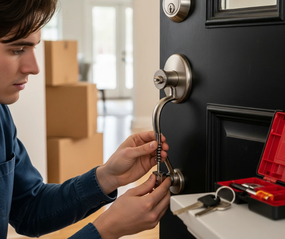 A man carefully performs a Residential Lock Rekeying on his black front door using a special tool, with moving boxes stacked in the background.