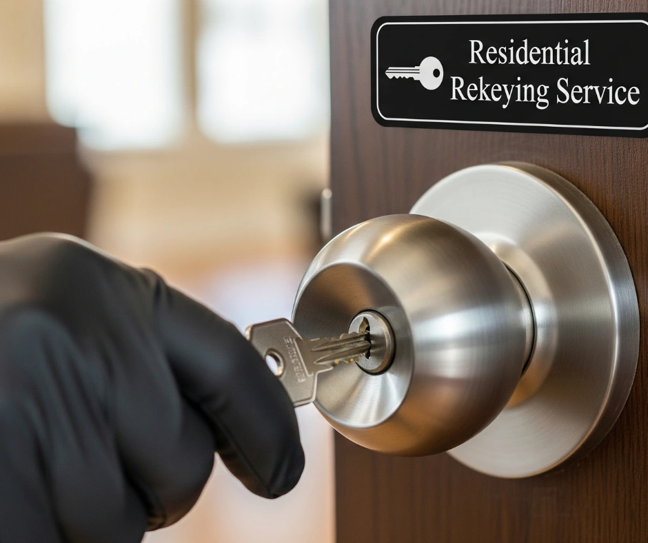 A close-up of a locksmith's gloved hand inserting a new key into a door knob, demonstrating a successful residential lock rekeying, with a "Residential Rekeying Service" sign on the door.
