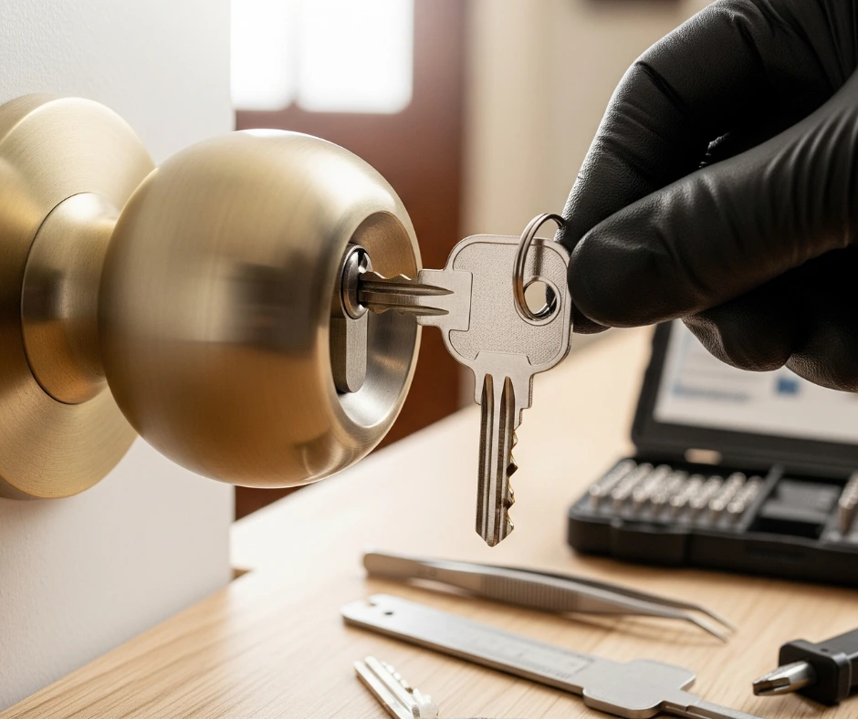 A technician's gloved hand tests a new key in a brass doorknob, confirming the successful completion of a Residential Lock Repair, with tools on the table below.