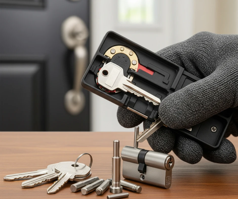A locksmith's gloved hand holds a tool demonstrating the Residential Lock Rekeying process, with a disassembled lock cylinder, pins, and new keys laid out on a table.