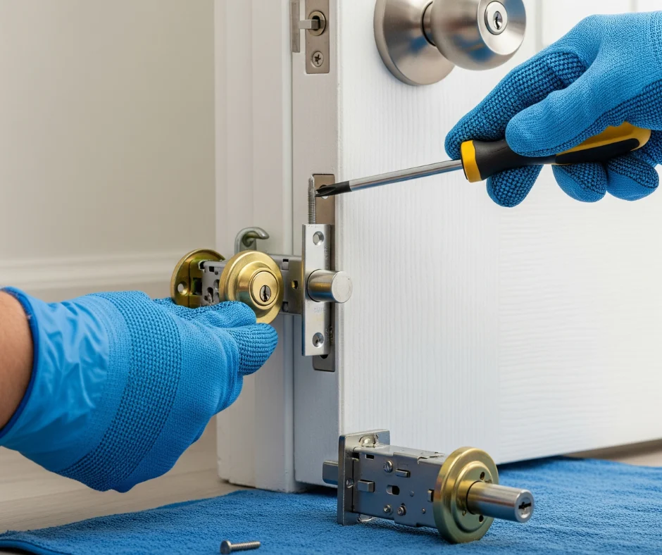 During a Residential Lock Replacement, a technician in blue gloves uses a screwdriver on the latch plate while installing a new deadbolt mechanism into a white door.