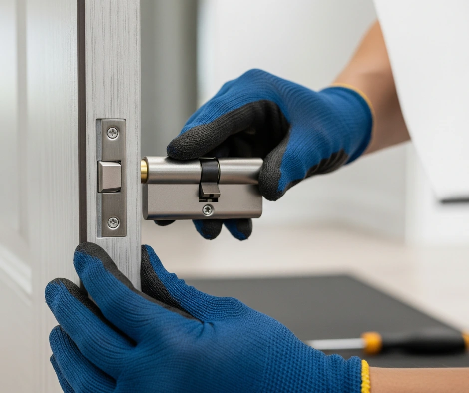 A close-up of a locksmith's gloved hands carefully inserting a new euro cylinder lock into a modern gray door during a residential lock replacement service.