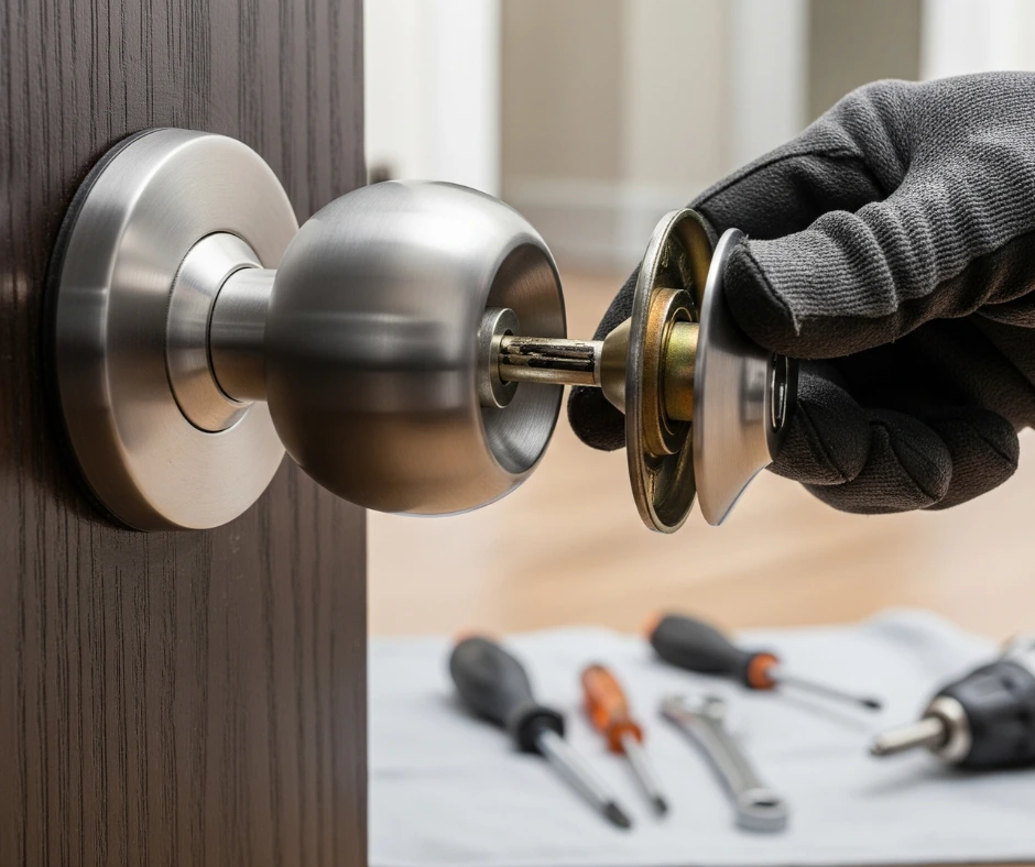 A technician's gloved hand installs the interior mechanism of a new brushed nickel doorknob during a Residential Lock Replacement, with tools laid out in the background.