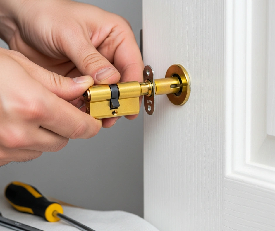 A close-up of a person's hands carefully installing a new brass lock cylinder into a white door during a Residential Lock Replacement.
