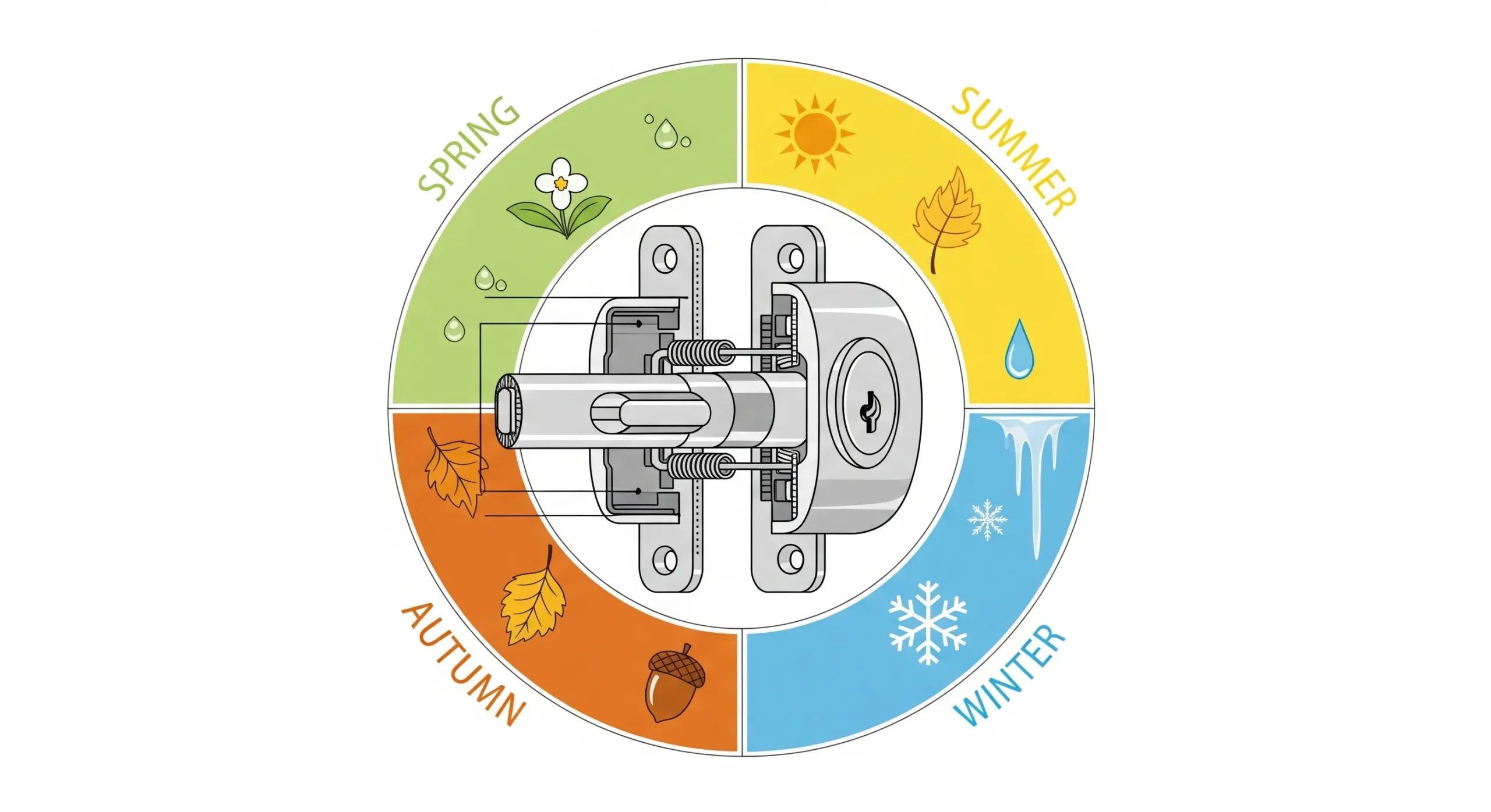 Illustration of a deadbolt lock surrounded by four seasons—spring, summer, autumn, and winter—showing Seasonal Maintenance Tips After Deadbolt Installation.