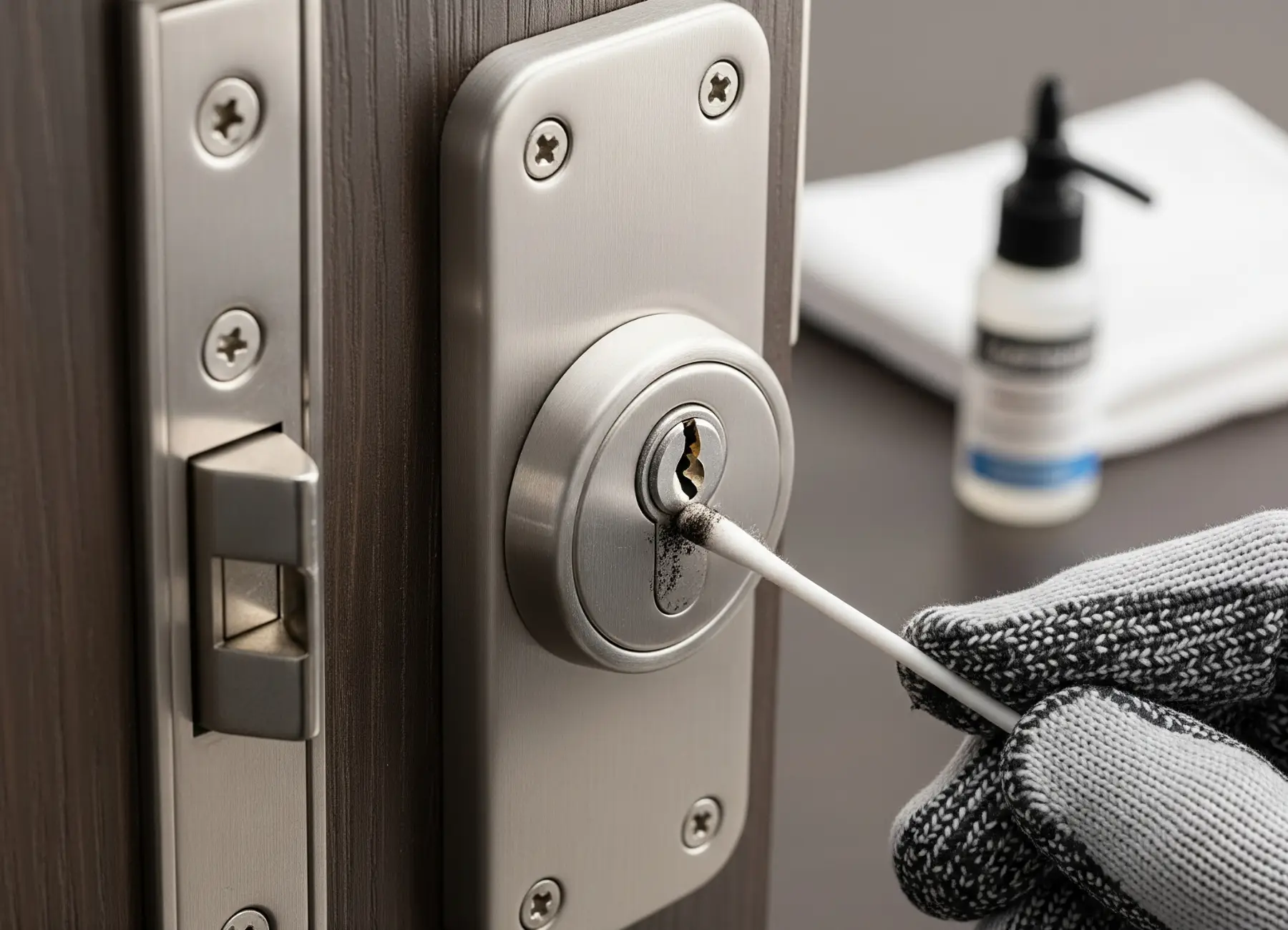 A close-up photo demonstrating seasonal maintenance tips for door locks, showing a gloved hand using a cotton swab to apply powdered graphite lubricant into a deadbolt keyhole.