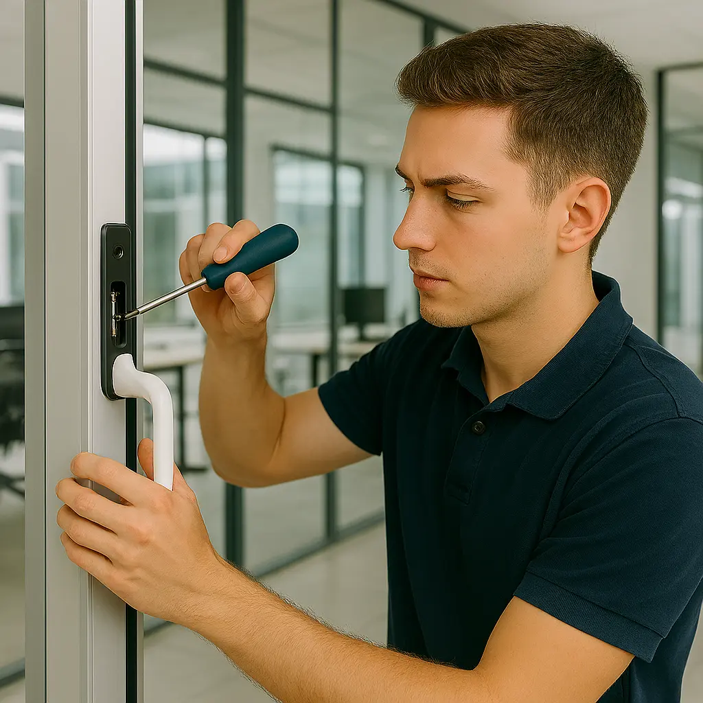 Young technician performing Sliding door lock repair in a modern, uniquely designed office environment