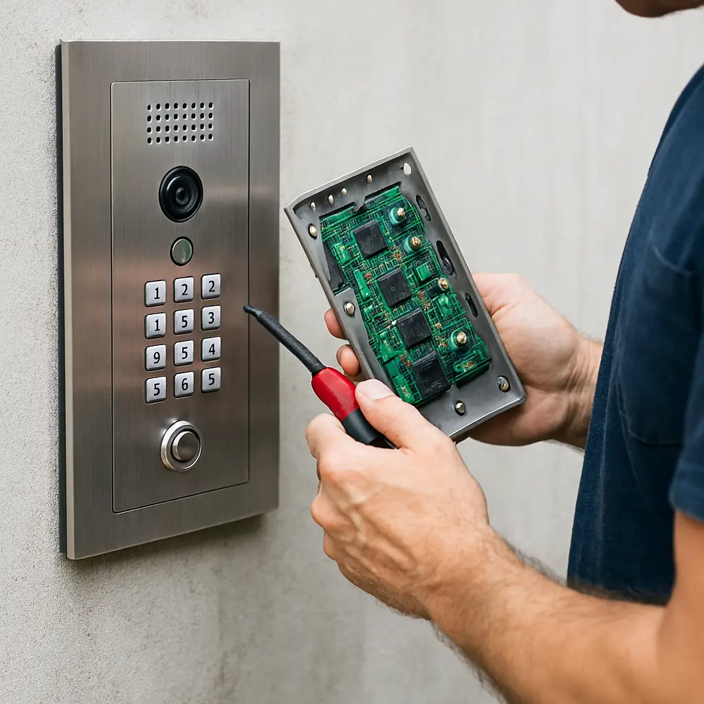 Professional technician repairing a modern Telephone Entry Systems panel with precision tools, showcasing close‑up details of wiring, electronics, and durable metal housing for secure building access