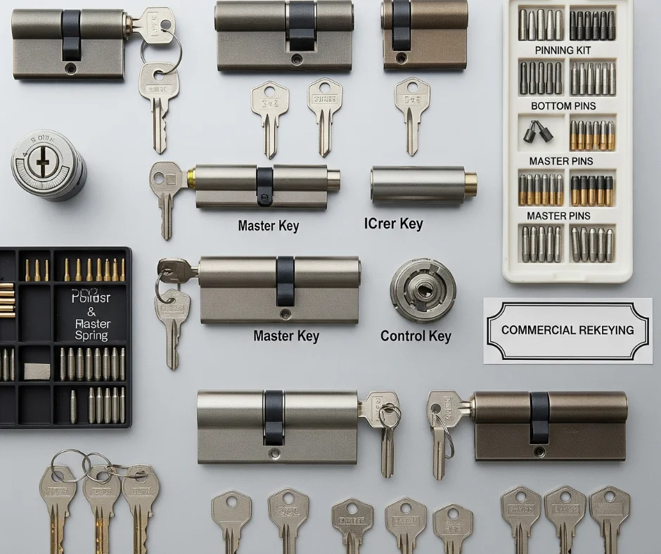 Commercial Lock Rekeying service with various lock cylinders, keys, and pinning kits, including master keys, control keys, and commercial rekeying components.