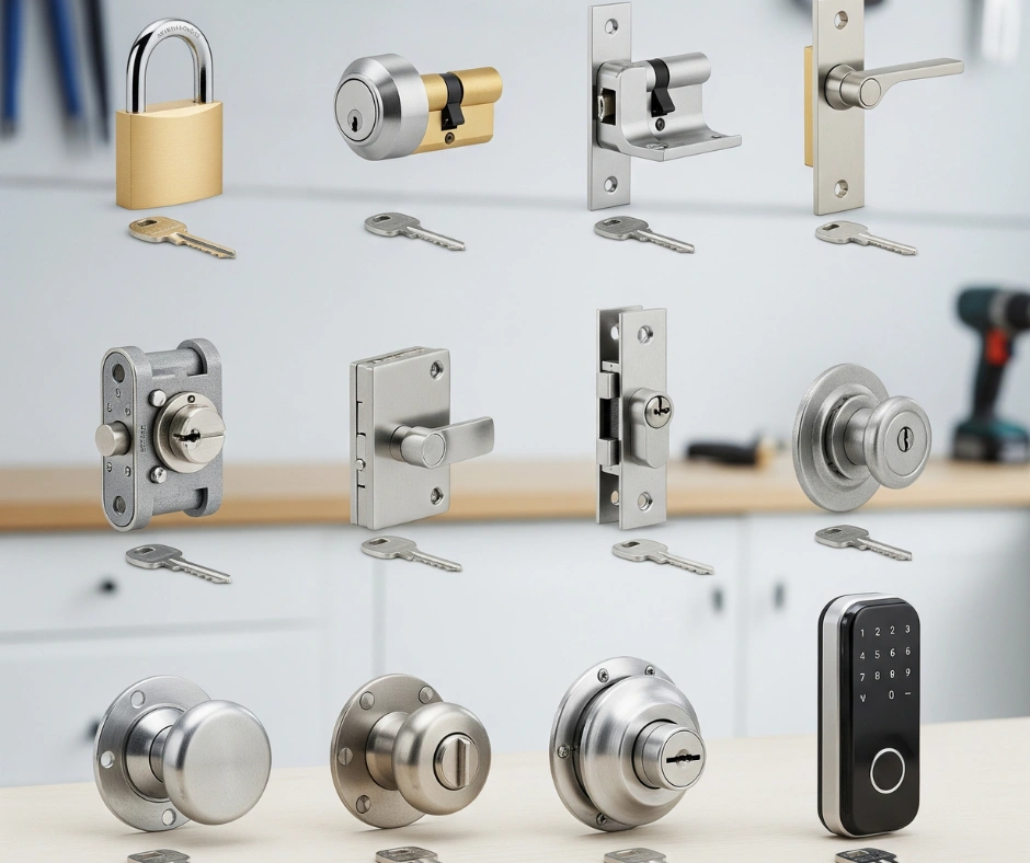 Different types of locks we install including deadbolts, padlocks, smart locks, and knob locks, showcasing a variety of security options.