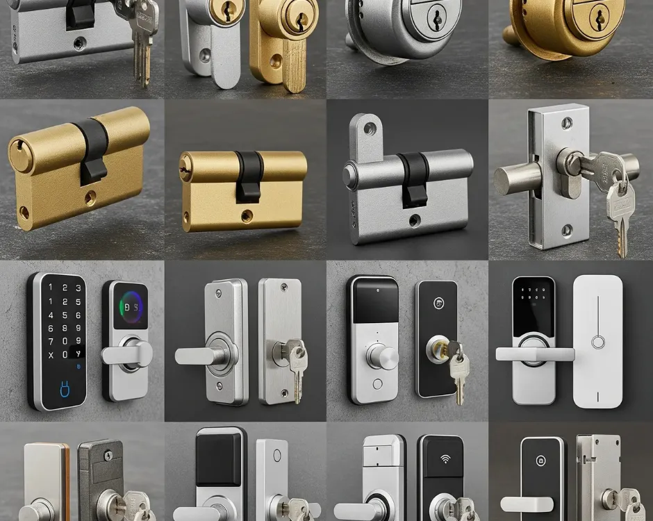 Of course. Here is the best alt tag for the image: A grid showcasing the diverse Types of Lock We Replace, ranging from standard cylinder and deadbolt locks to advanced electronic smart locks with keypads and fingerprint scanners.