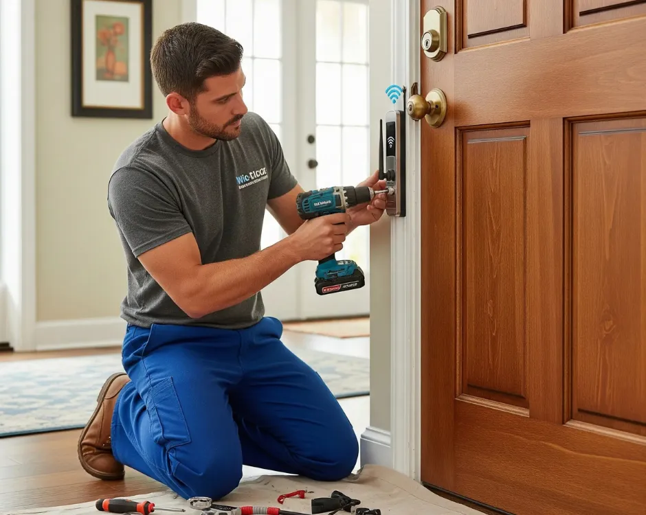 A professional technician kneels on a drop cloth while performing a Wifi Deadbolt Installation, with the lock's blue wifi symbol illuminated.