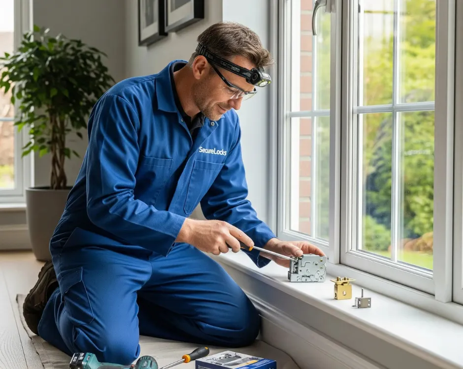 Wearing a headlamp for focused work, a uniformed technician performs a Window Lock Replacement on a modern window.
