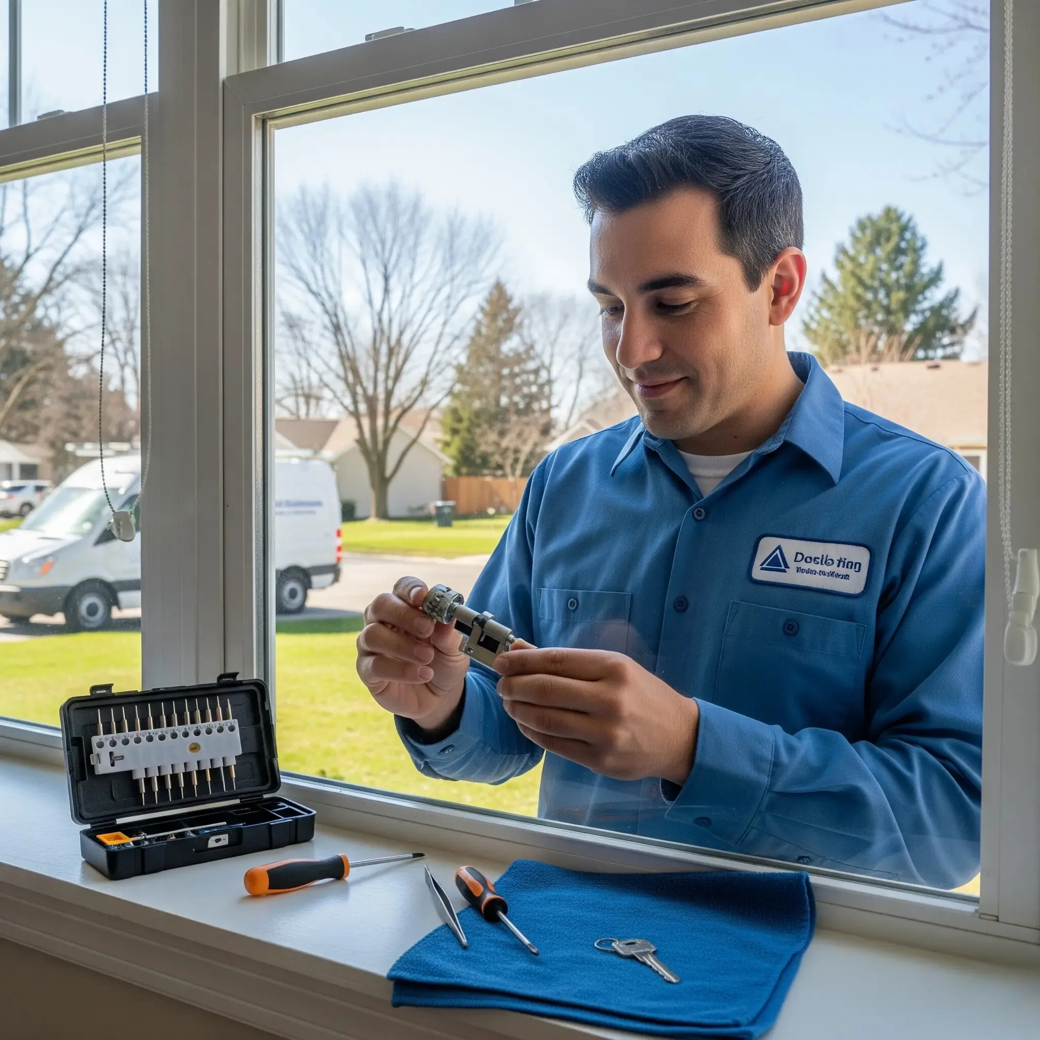Locksmith performing a Window Lock Rekeying. Professional service for enhanced home security