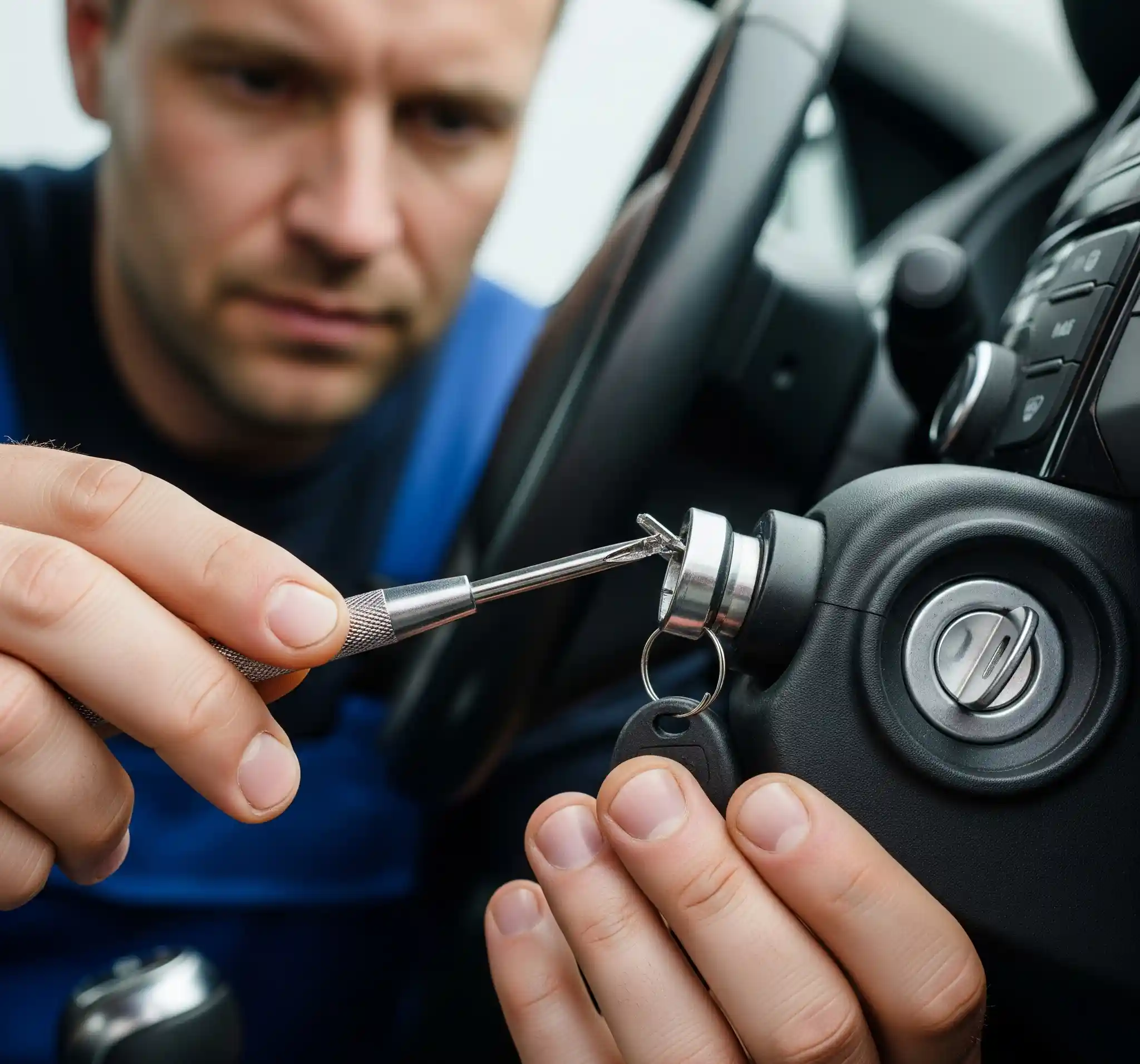 Mechanic extracting broken car key from the ignition with a tool, auto repair service.