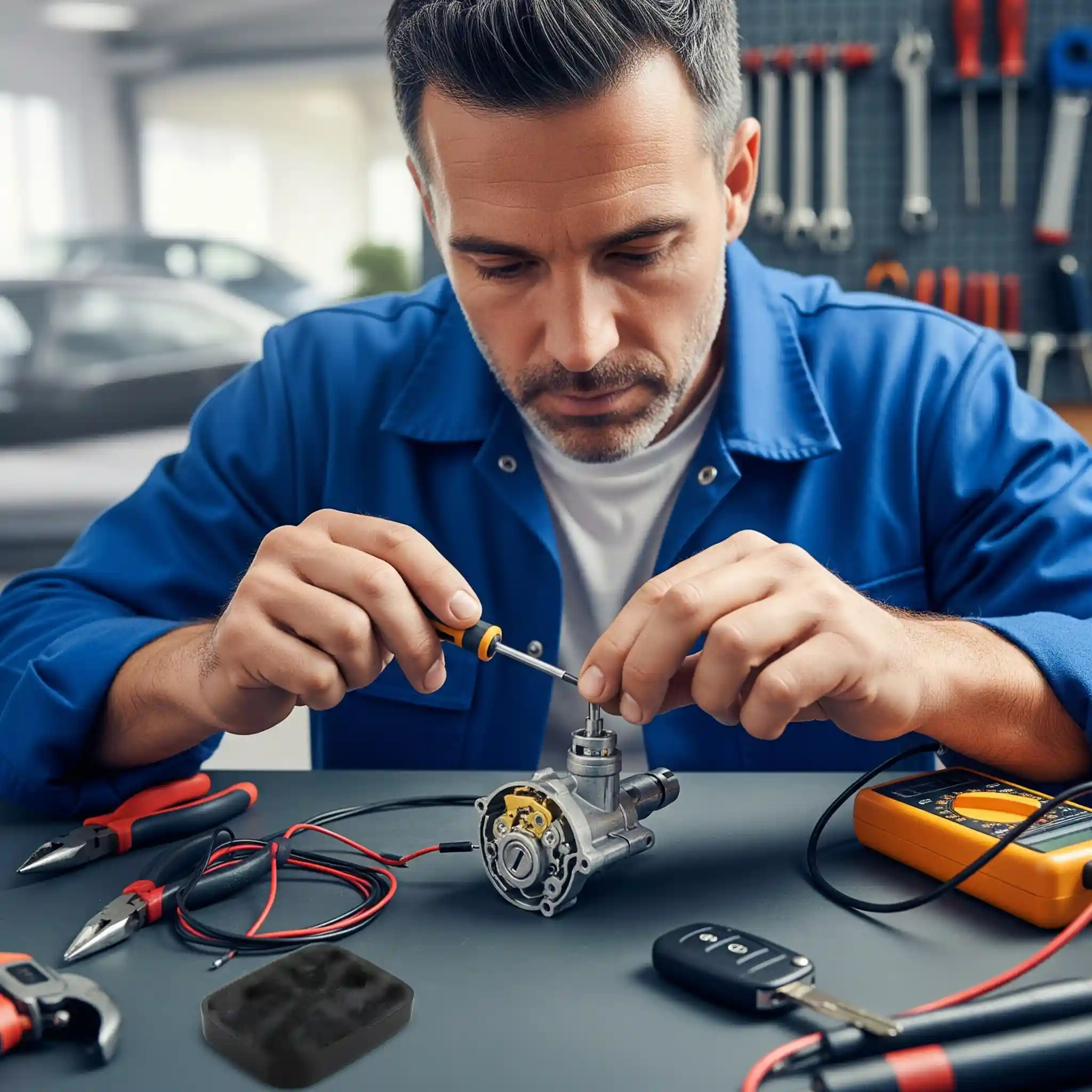 Technician performing ignition repair service with electronic key fob repair using screwdriver and tools.