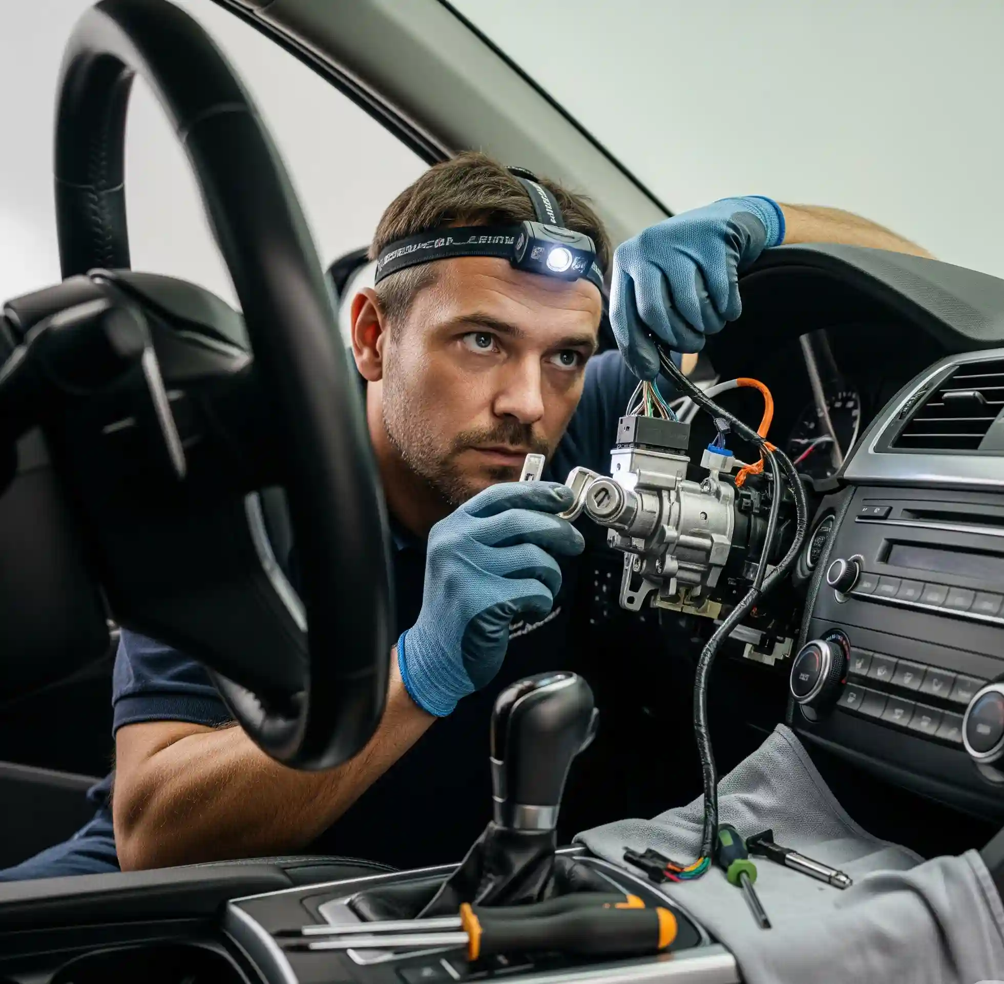 Technician performing ignition replacement services with vehicle ignition overhaul using tools.