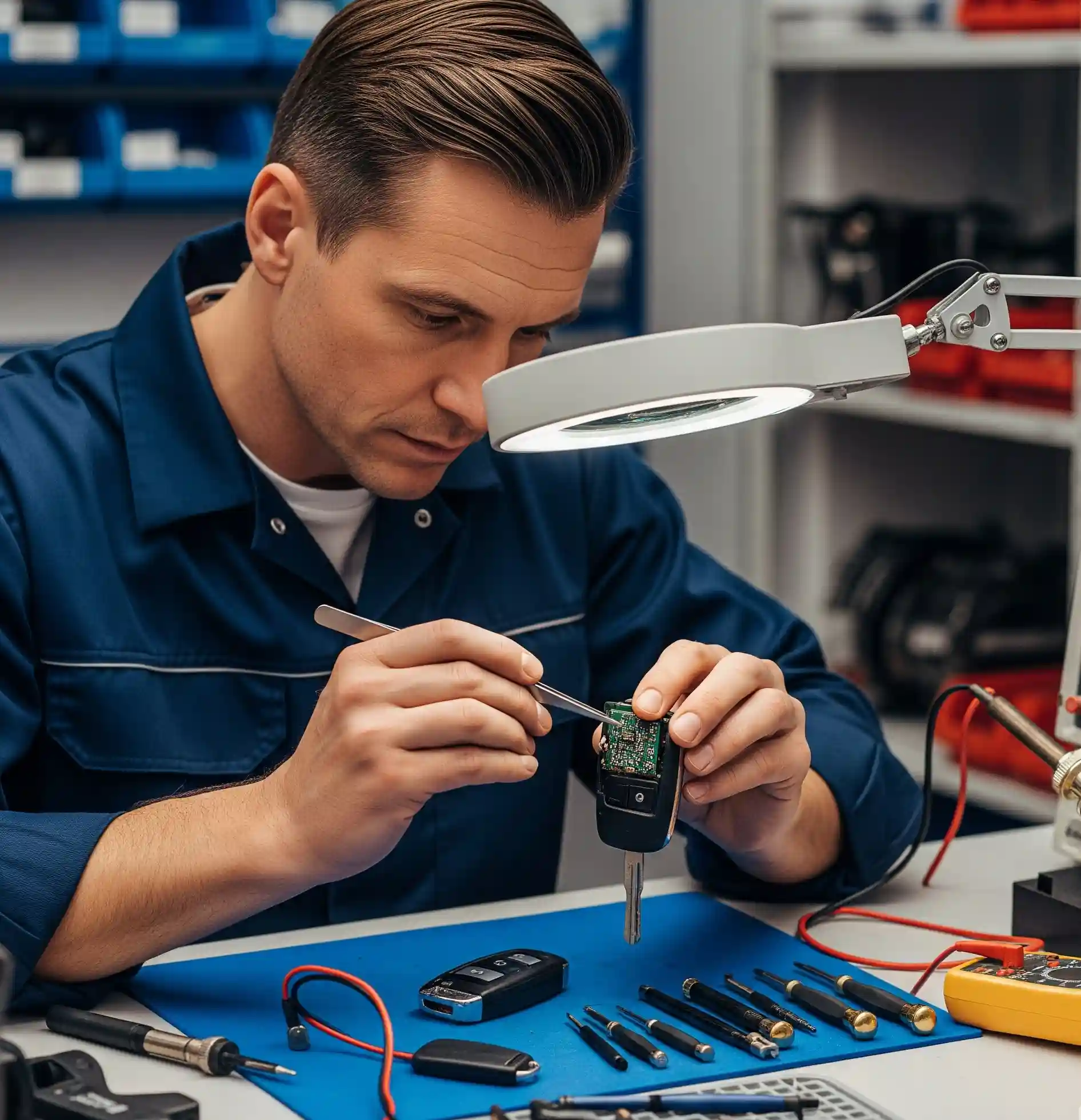 Technician performing car key replacement with electronic key fob repair using tools.