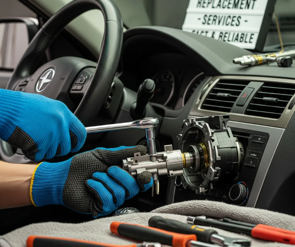 A technician's hands in blue gloves hold a car ignition switch with a key in it, with a red toolbox and a lit-up sign for Ignition Replacement Services in the background.